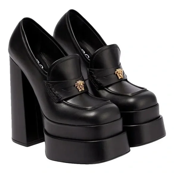 Versace Aevitas Black and Gold Platform Heels - Picture 1 of 9